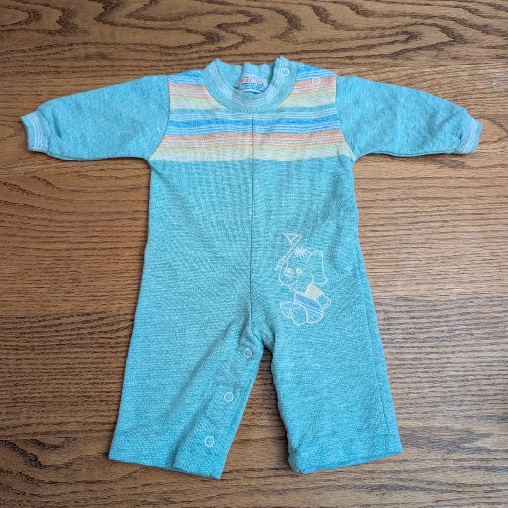 Vintage Health-tex Baby Romper Teal Striped Elephant Knit 3‎ Months Made in USA